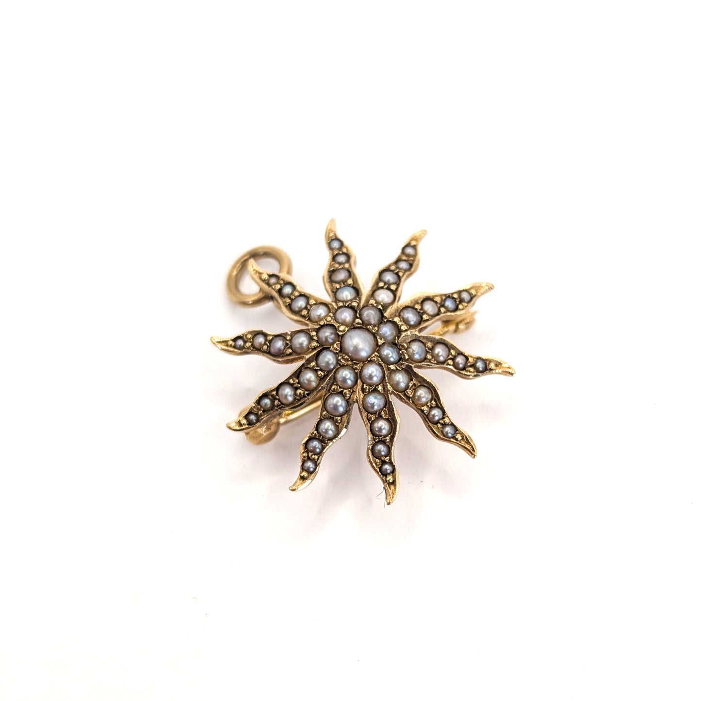 14K Victorian Seed Pearl Star  pendant/brooch on a white background