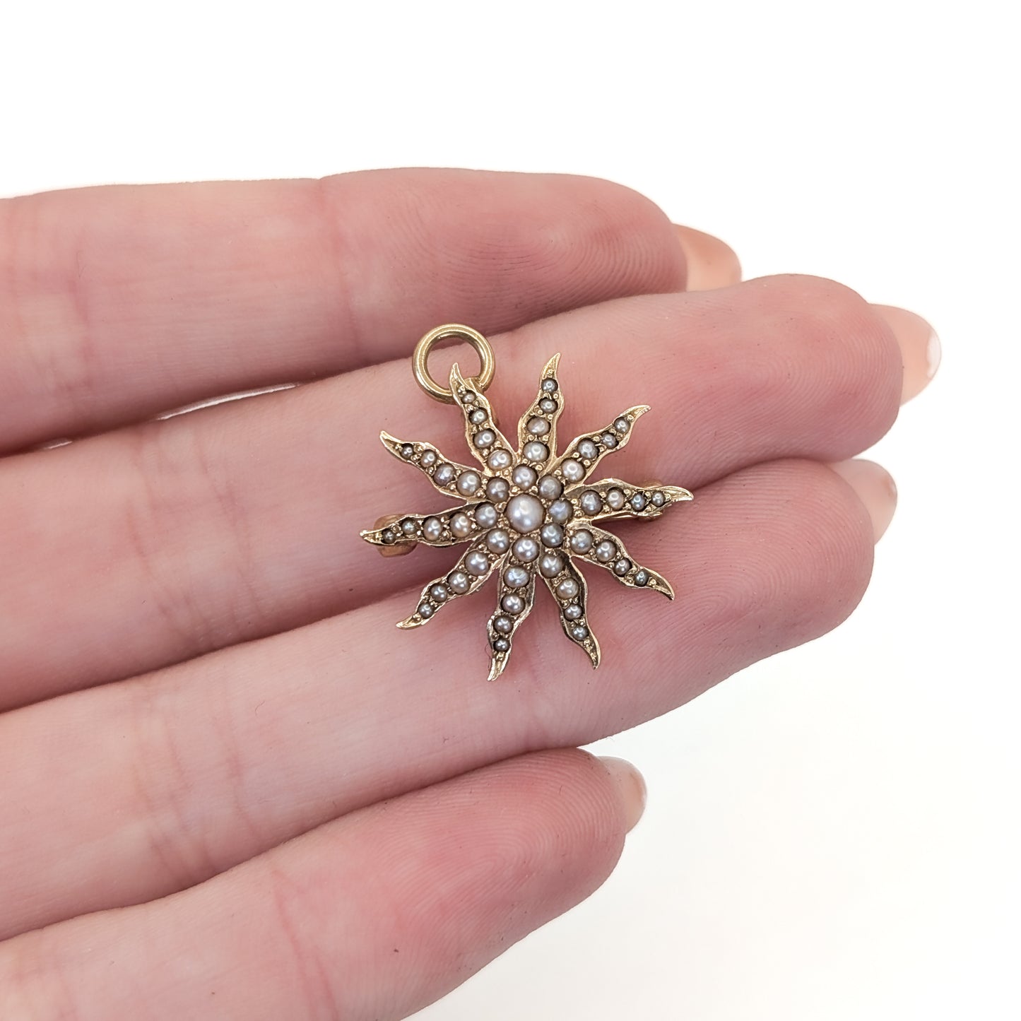 14K Victorian Seed Pearl Star  pendant/brooch held between fingers on a white background