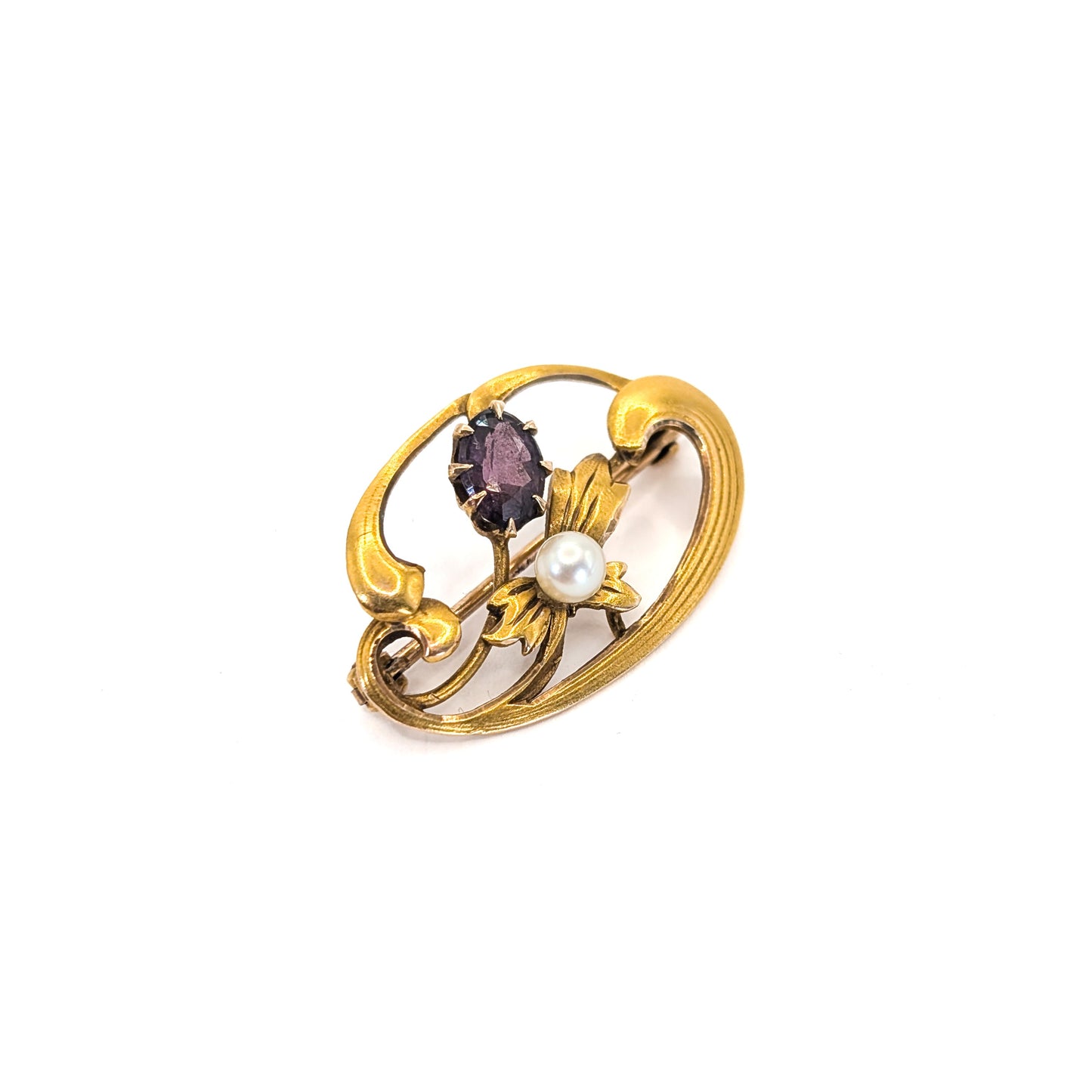 Antique 10K Gold Amethyst & Pearl Art Nouveau Brooch