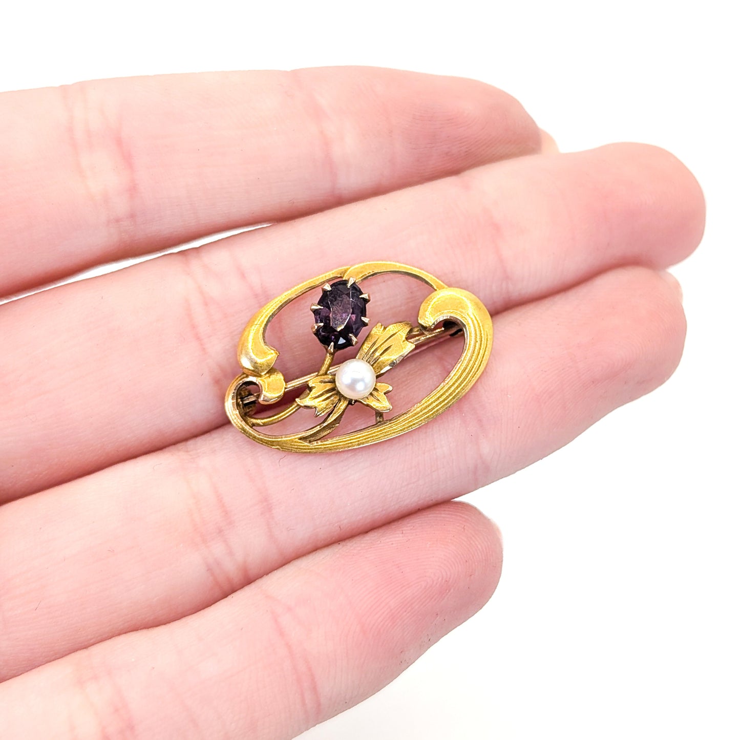 Antique 10K Gold Amethyst & Pearl Art Nouveau Brooch