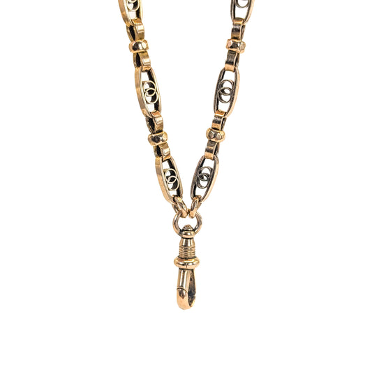 Antique 9K Gold Openwork Watch Chain – Interlocking Ring Links