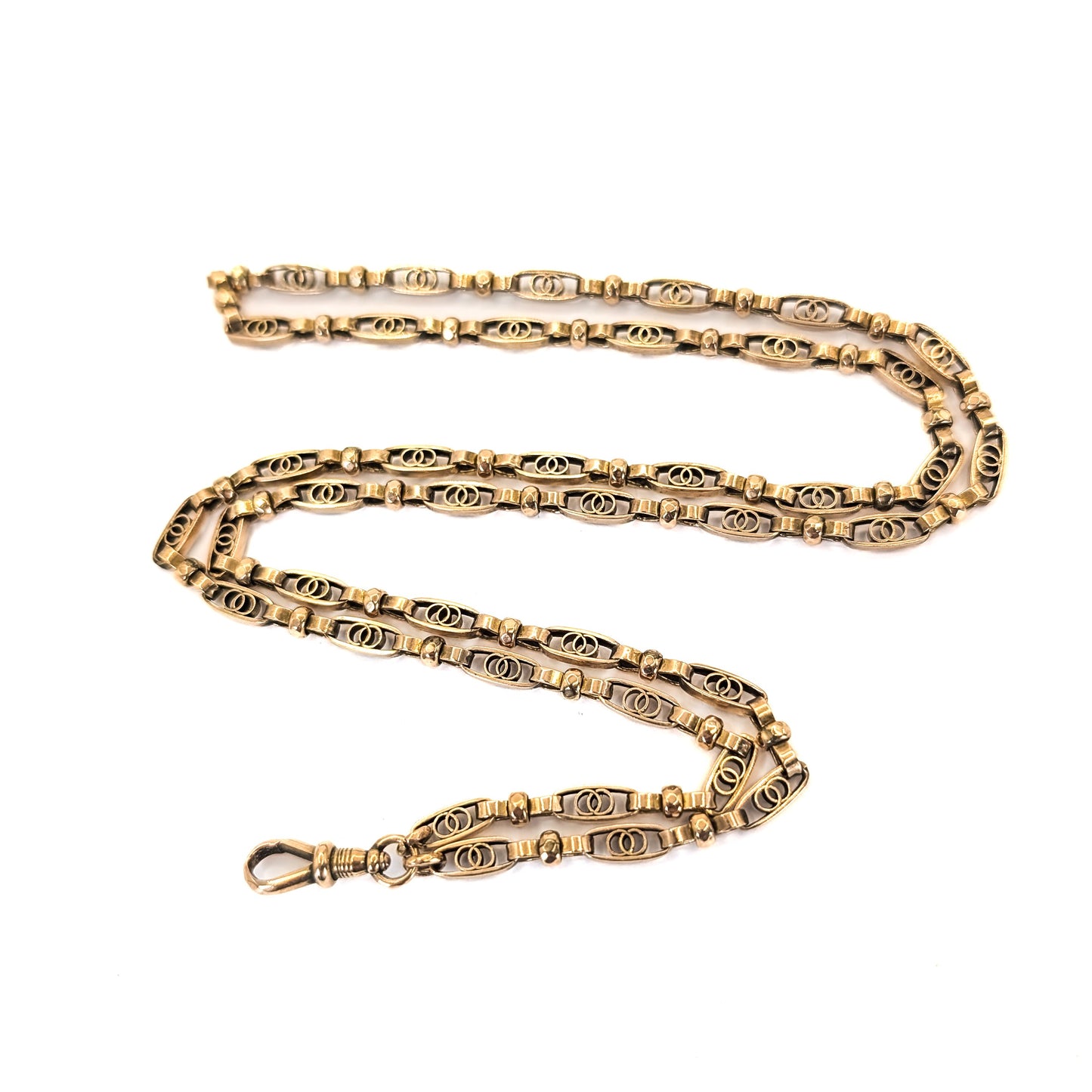 Antique 9K Gold Openwork Watch Chain – Interlocking Ring Links