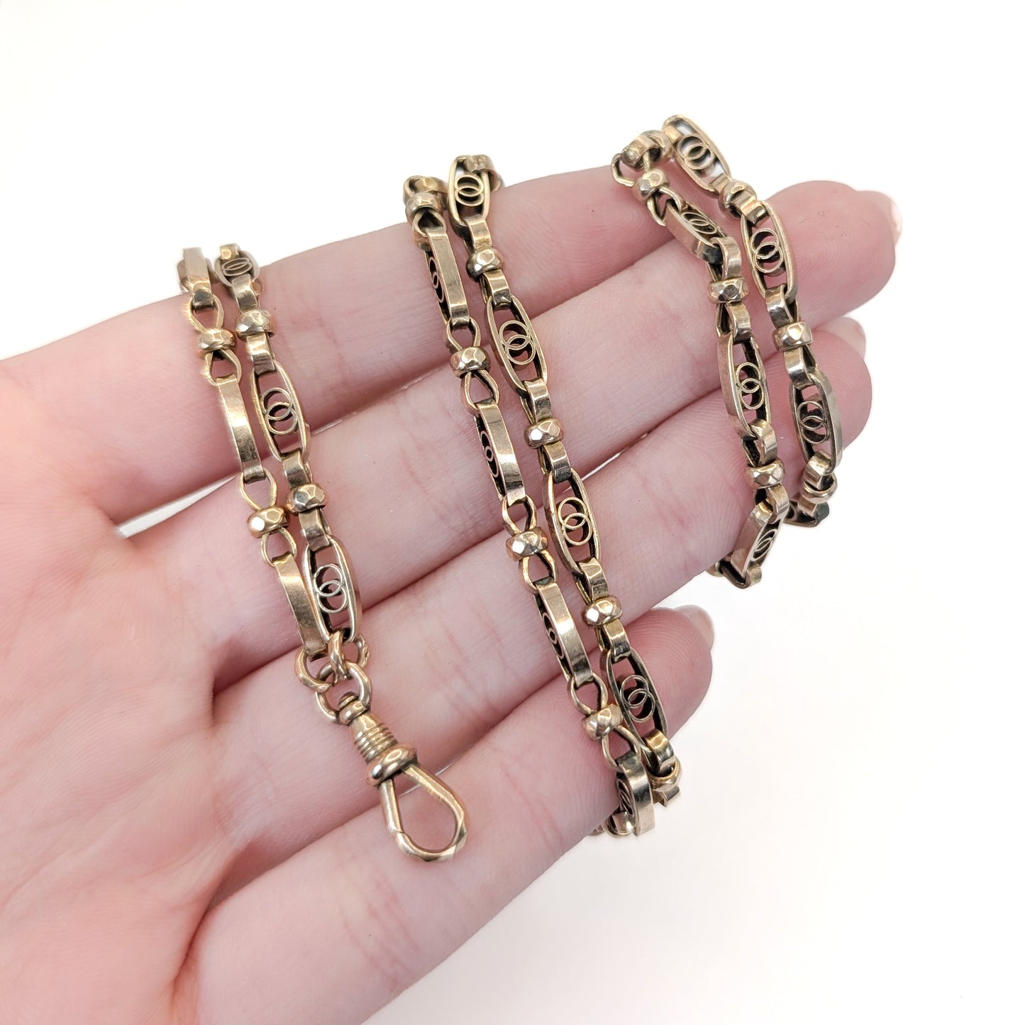 Antique 9K Gold Openwork Watch Chain – Interlocking Ring Links