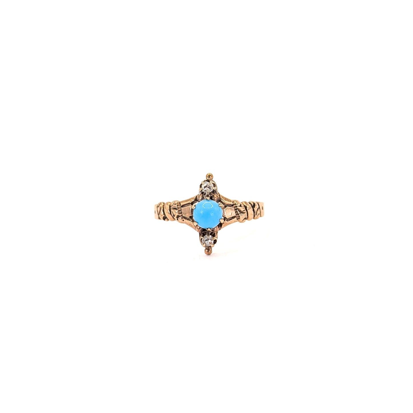 10k Vintage ring with turquoise stone and 2 rose cut diamonds on a white background