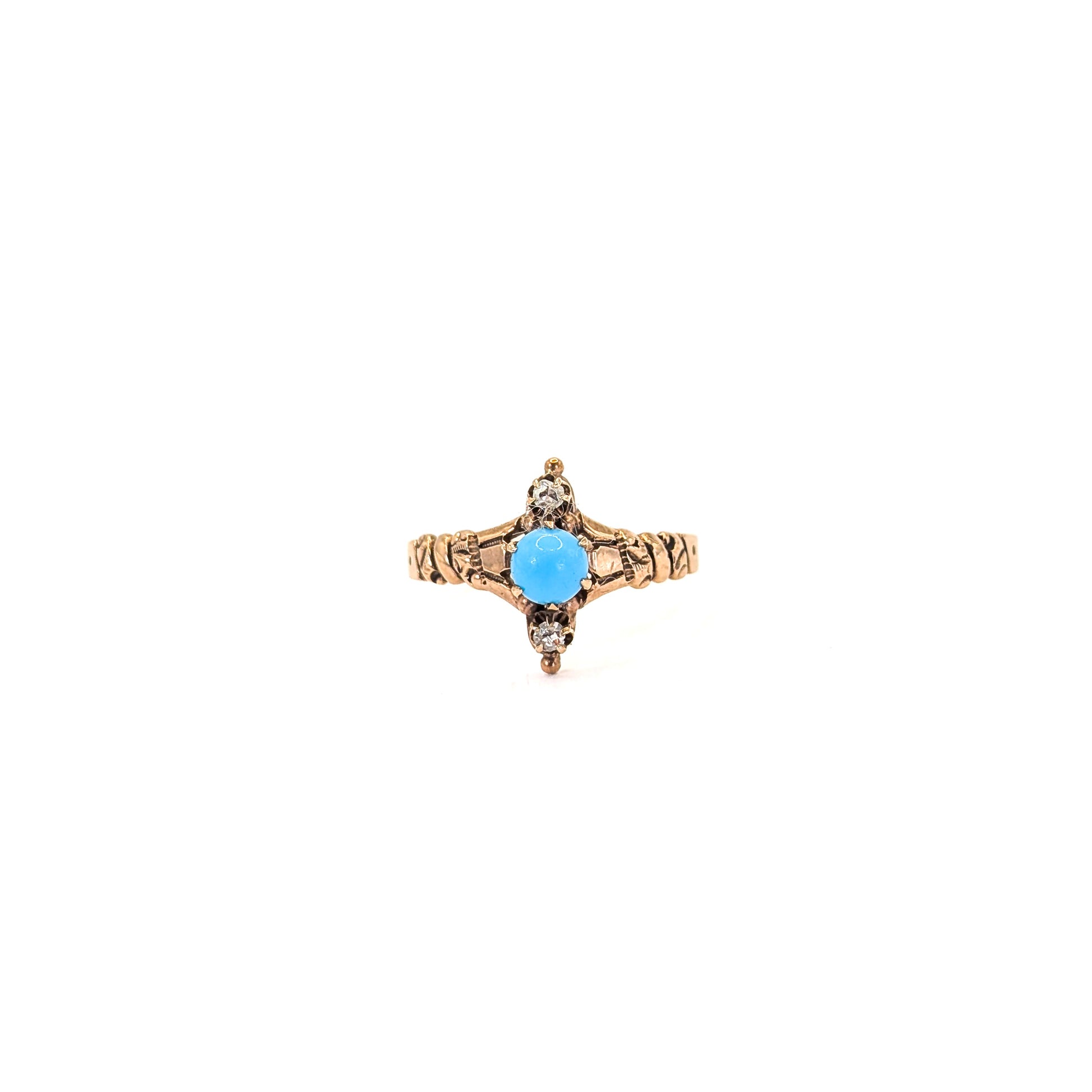 10k Vintage ring with turquoise stone and 2 rose cut diamonds on a white background