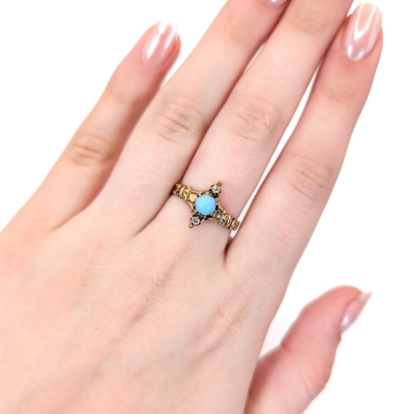 Victorian 10K Gold Turquoise & Diamond Rose Cut Ring – Antique Scrollwork Setting