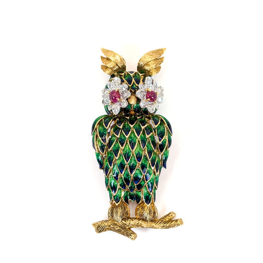 Vintage 18K Gold Enamel Owl Brooch with Ruby and Diamond Eyes