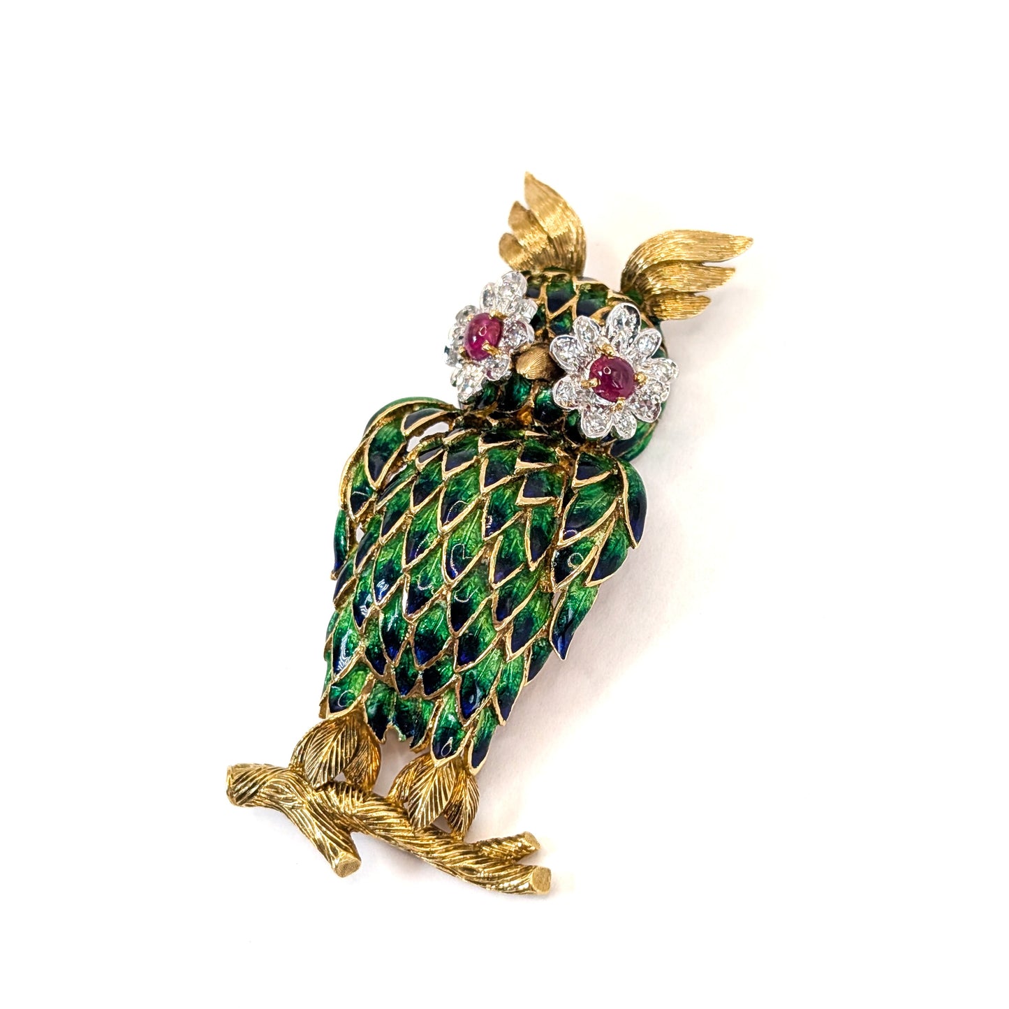 Vintage 18K Gold Enamel Owl Brooch with Ruby and Diamond Eyes