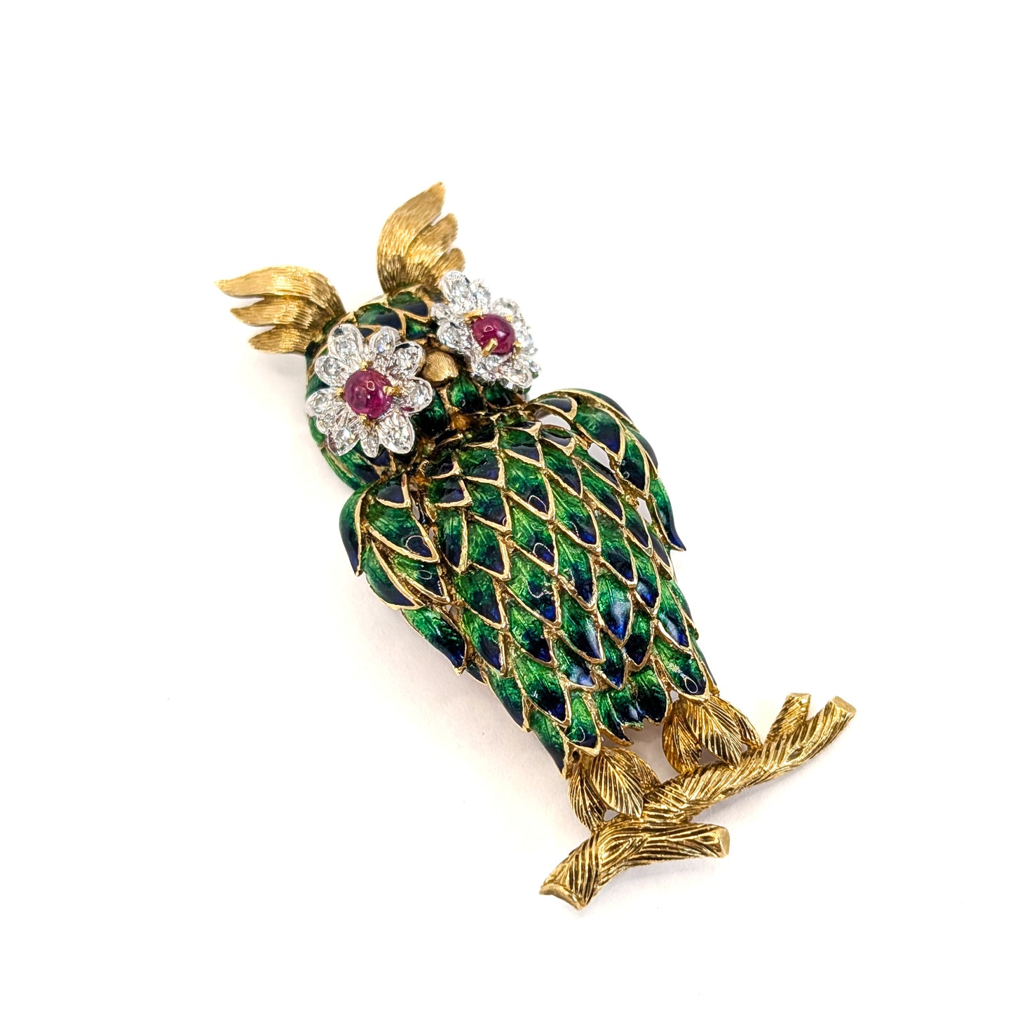 Vintage 18K Gold Enamel Owl Brooch with Ruby and Diamond Eyes