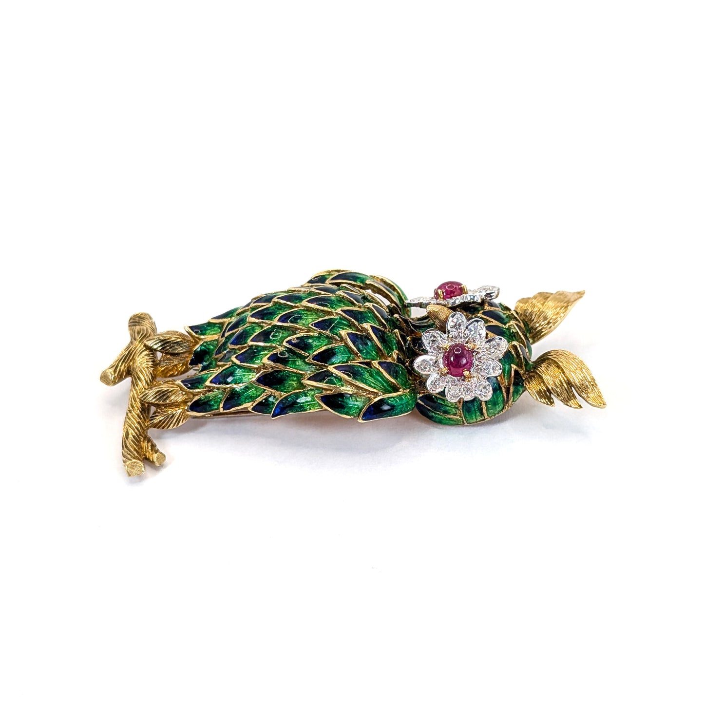 Vintage 18K Gold Enamel Owl Brooch with Ruby and Diamond Eyes