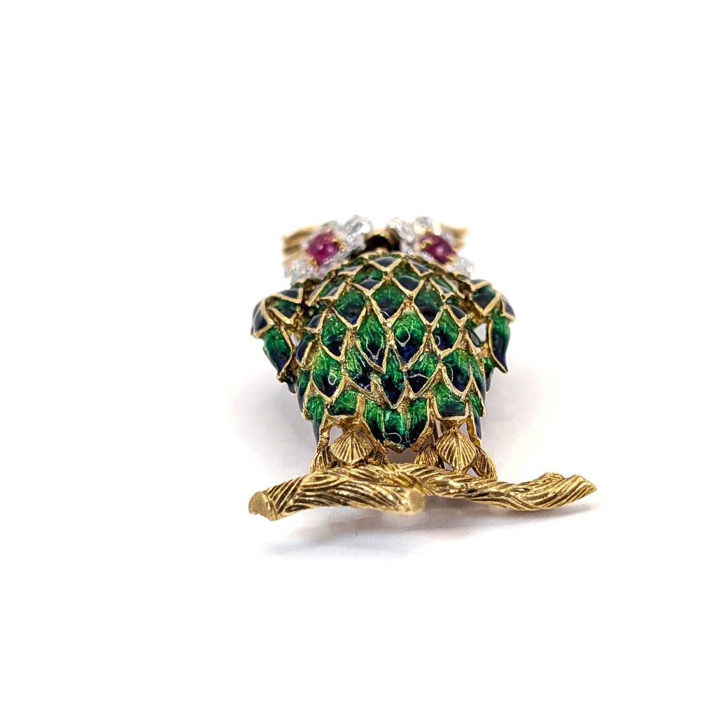 Vintage 18K Gold Enamel Owl Brooch with Ruby and Diamond Eyes