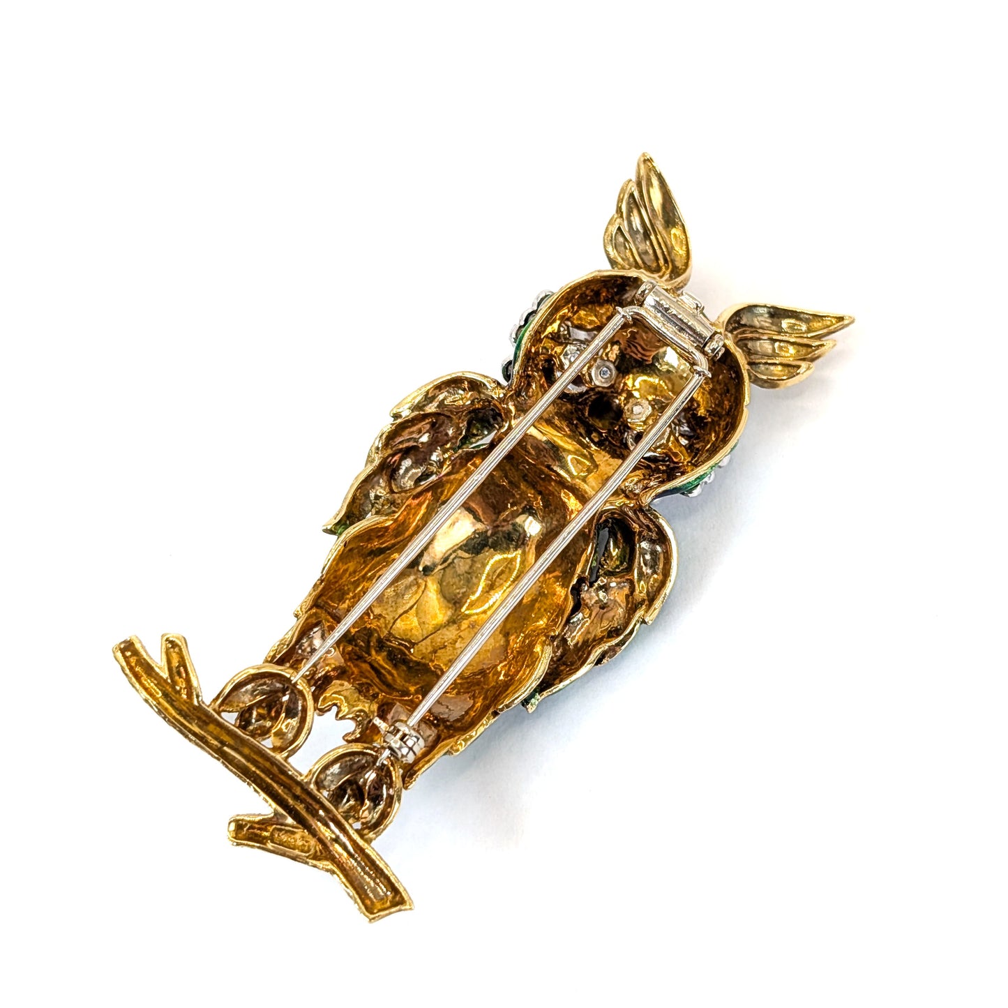 Vintage 18K Gold Enamel Owl Brooch with Ruby and Diamond Eyes