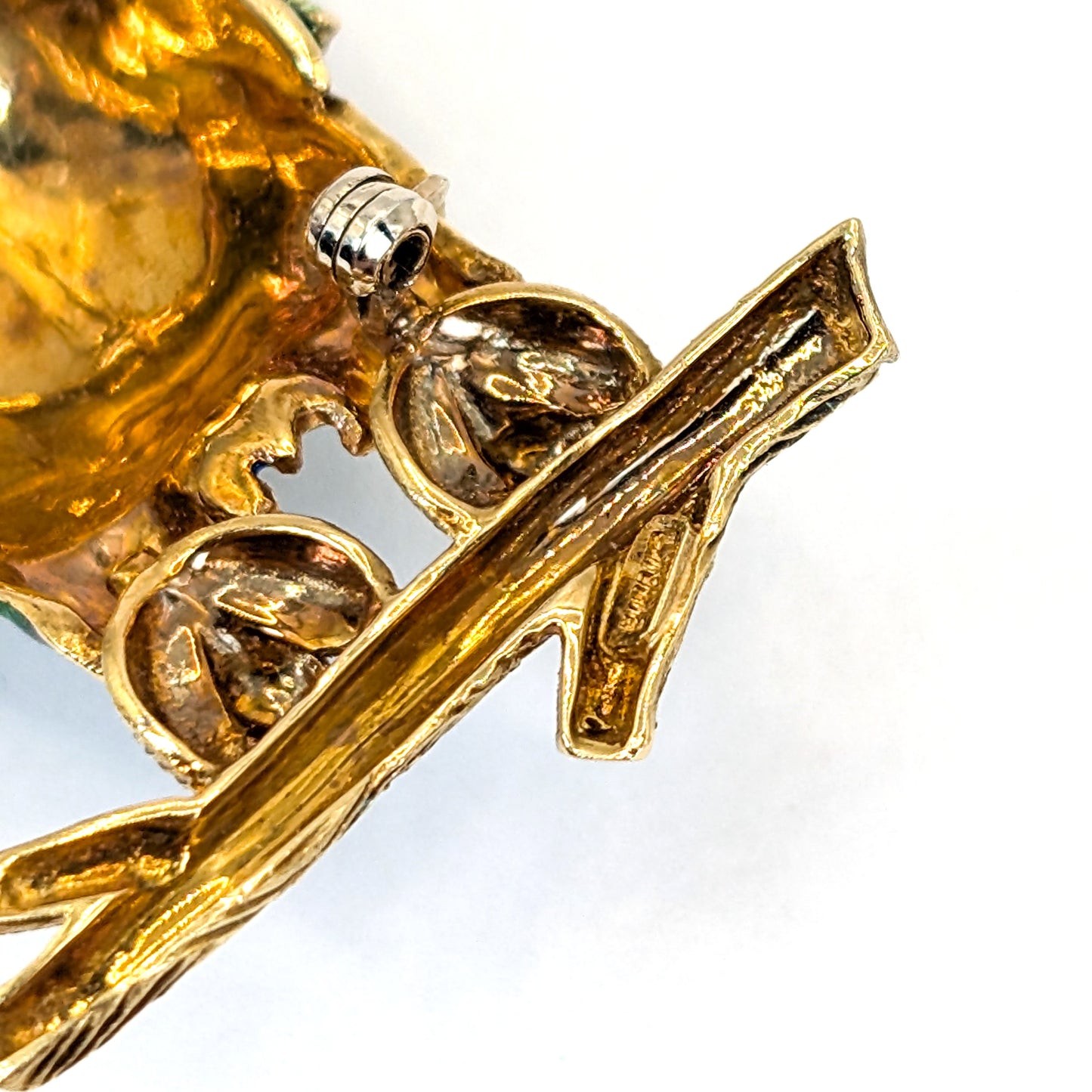 Vintage 18K Gold Enamel Owl Brooch with Ruby and Diamond Eyes