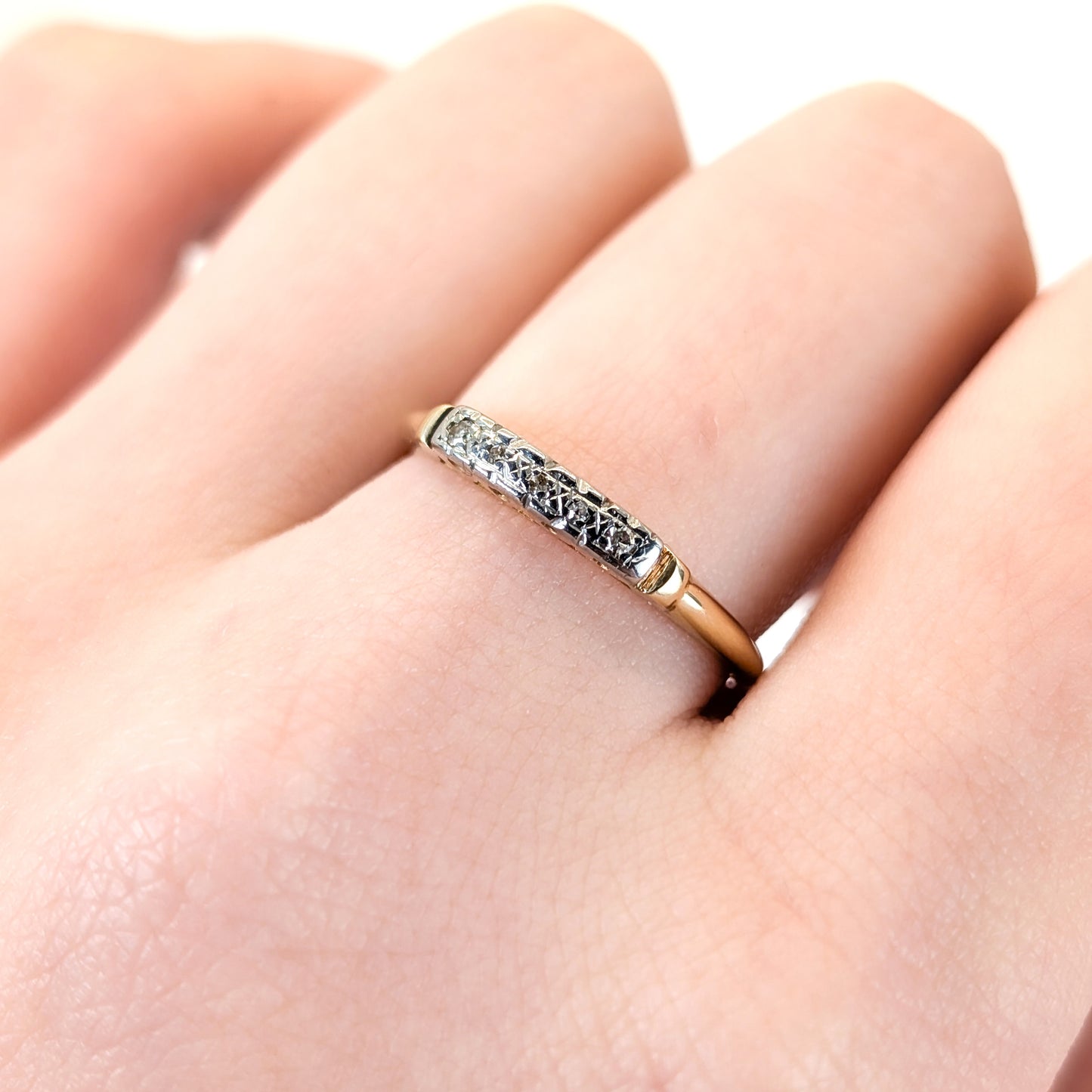 Vintage 14K Gold Diamond Band with White Gold– Delicate Engraved Detail