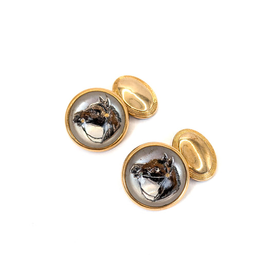 Vintage 14K Gold Painted Horse Head Cufflinks – Reverse Intaglio Crystal Domes