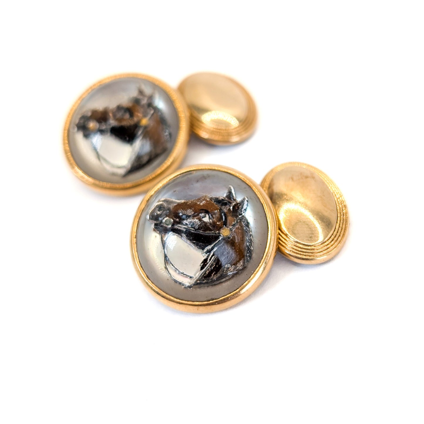 Vintage 14K Gold Painted Horse Head Cufflinks – Reverse Intaglio Crystal Domes