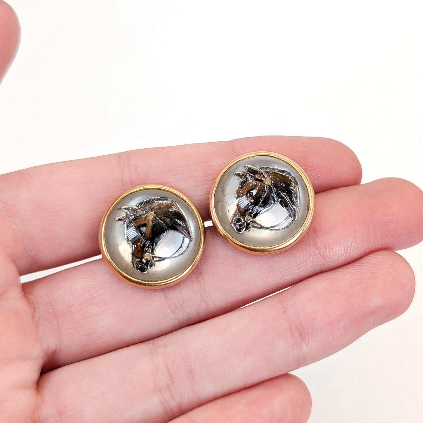 Vintage 14K Gold Painted Horse Head Cufflinks – Reverse Intaglio Crystal Domes