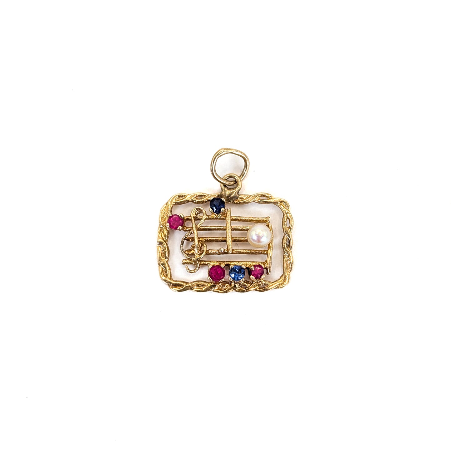 Vintage 14K Gold Musical Staff Charm with Pearl, Rubies, and Sapphires