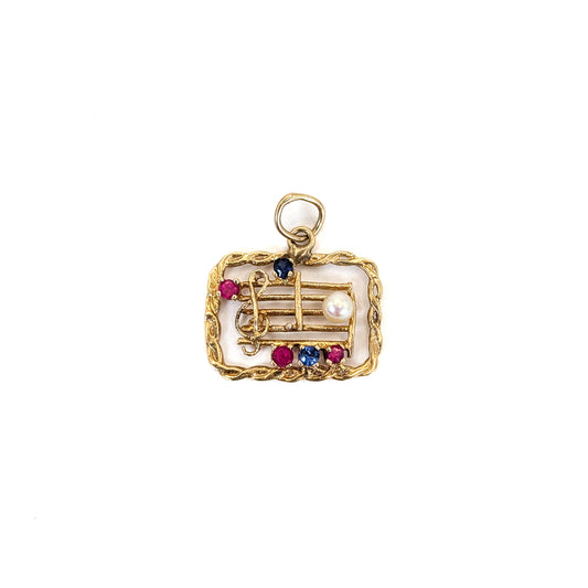 Vintage 14K Gold Musical Staff Charm with Pearl, Rubies, and Sapphires