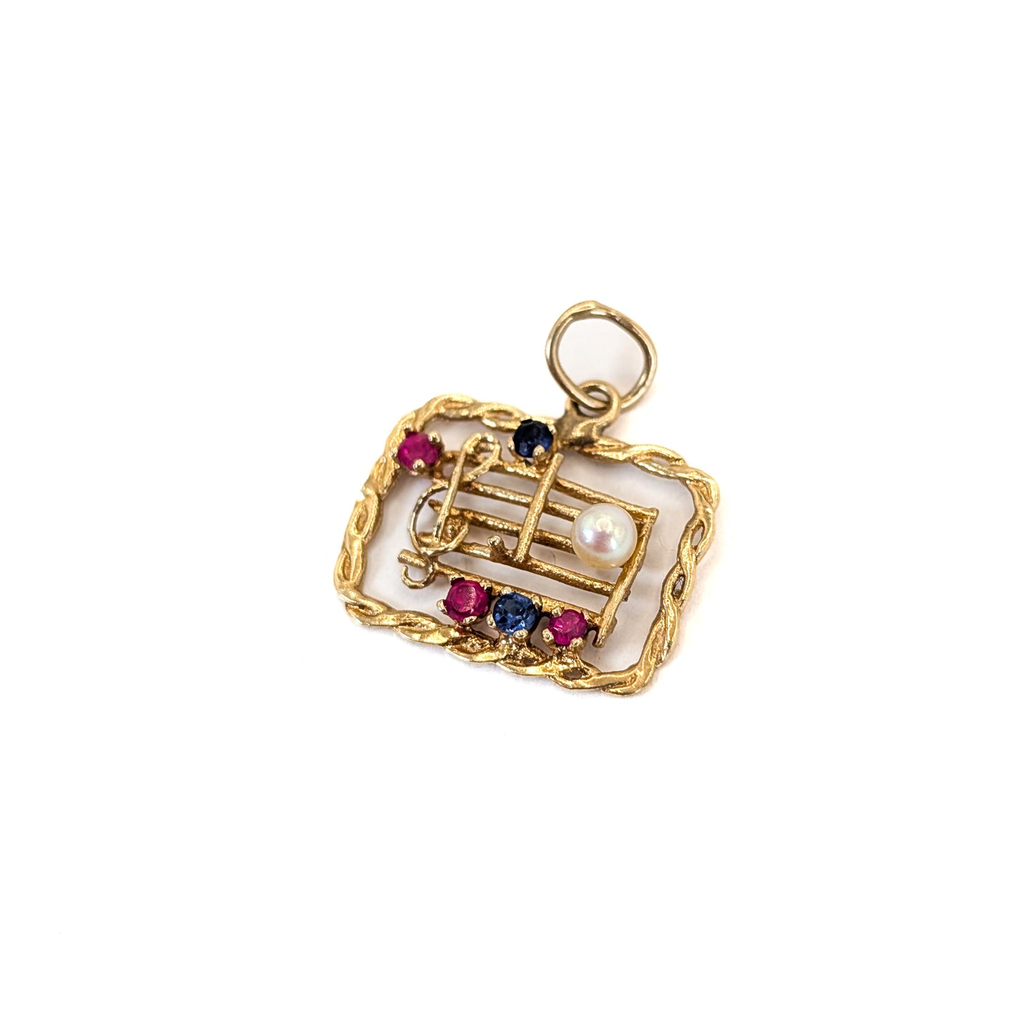 Vintage 14K Gold Musical Staff Charm with Pearl, Rubies, and Sapphires
