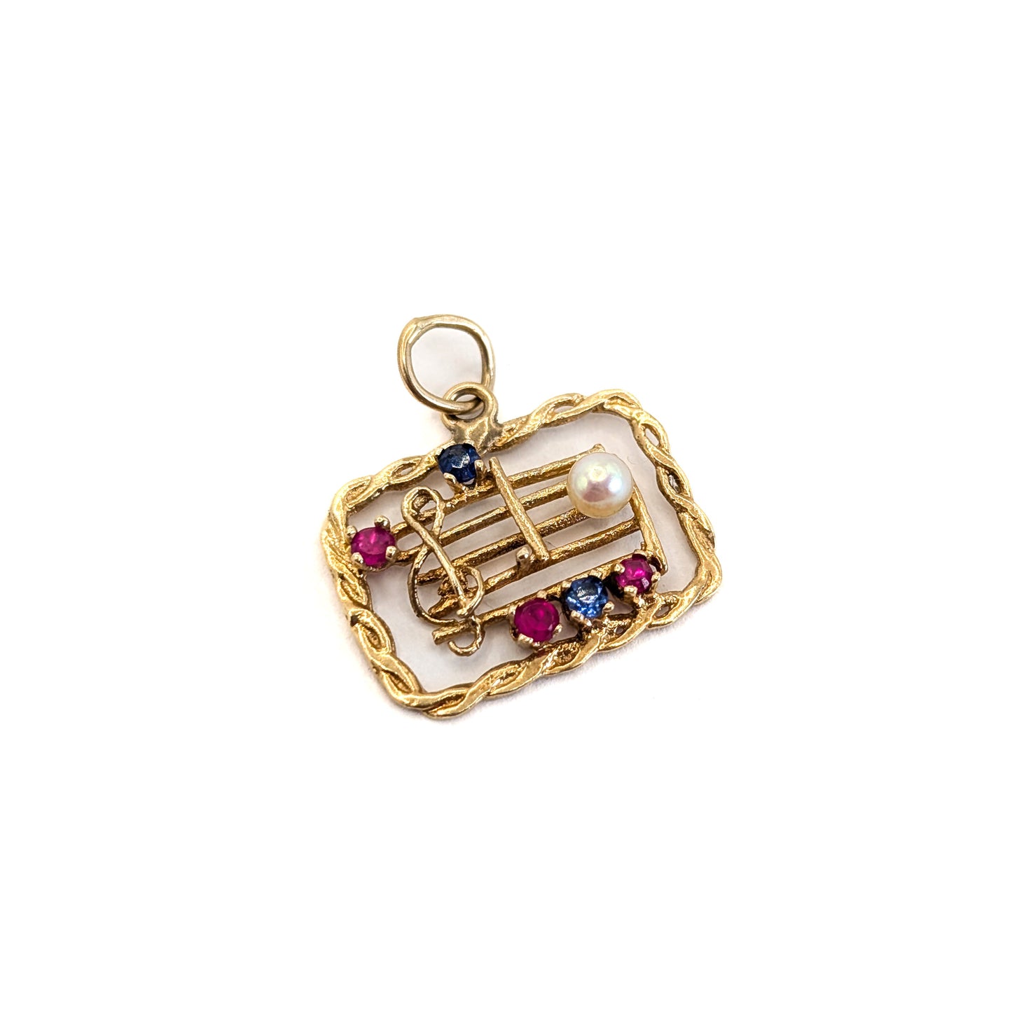 Vintage 14K Gold Musical Staff Charm with Pearl, Rubies, and Sapphires