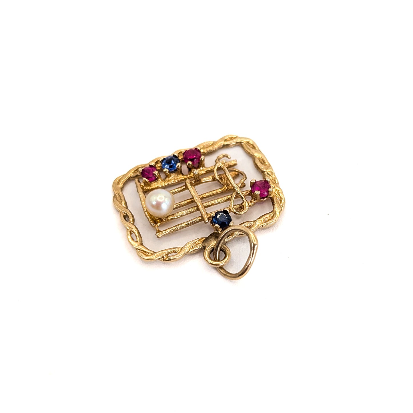 Vintage 14K Gold Musical Staff Charm with Pearl, Rubies, and Sapphires