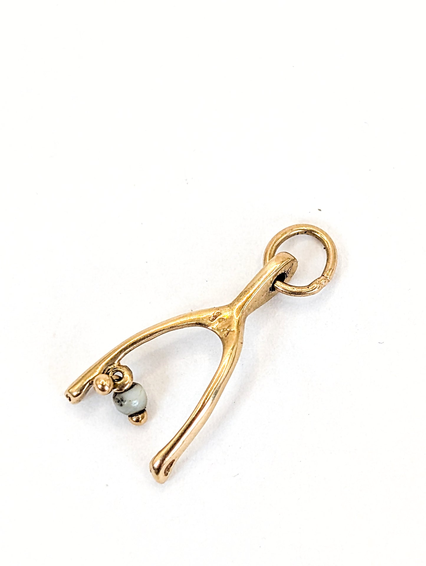 Vintage 14K Gold Wishbone And Pearl Charm