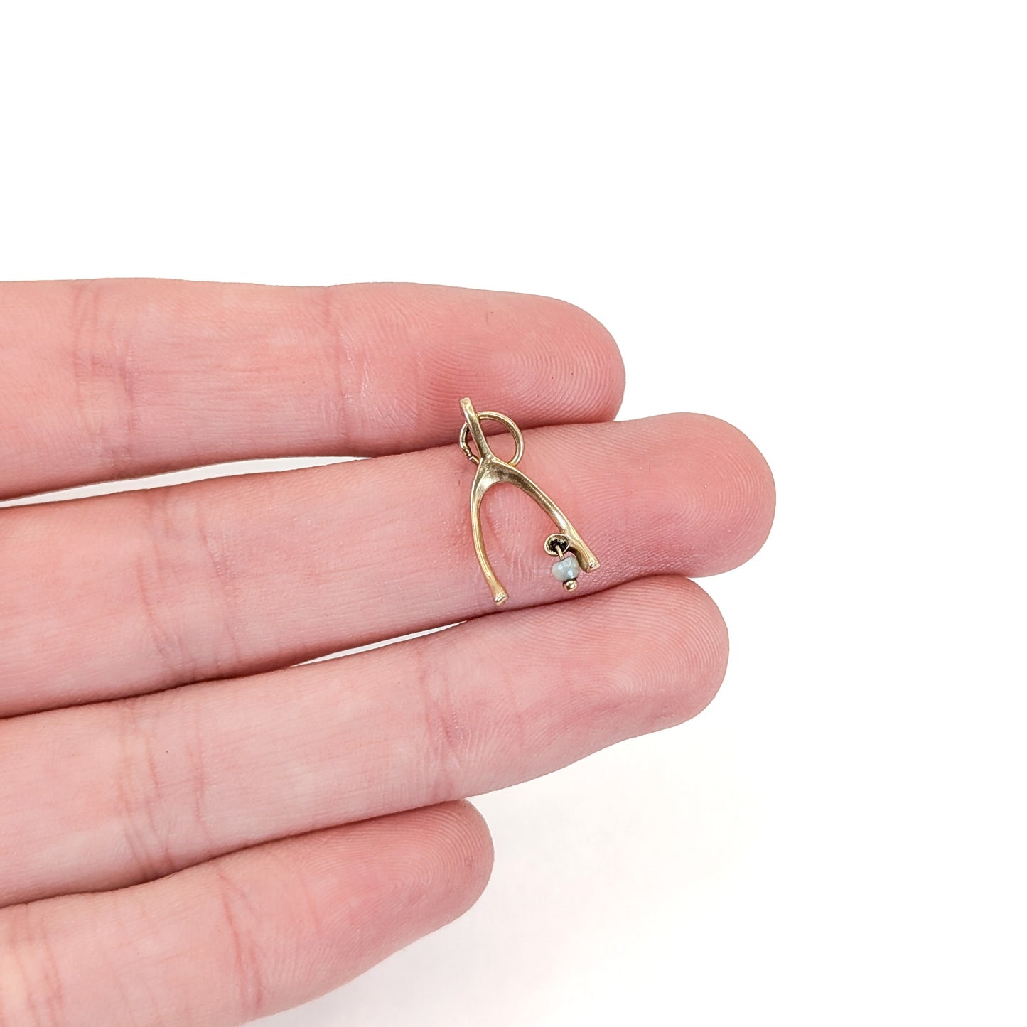 Vintage 14K Gold Wishbone And Pearl Charm