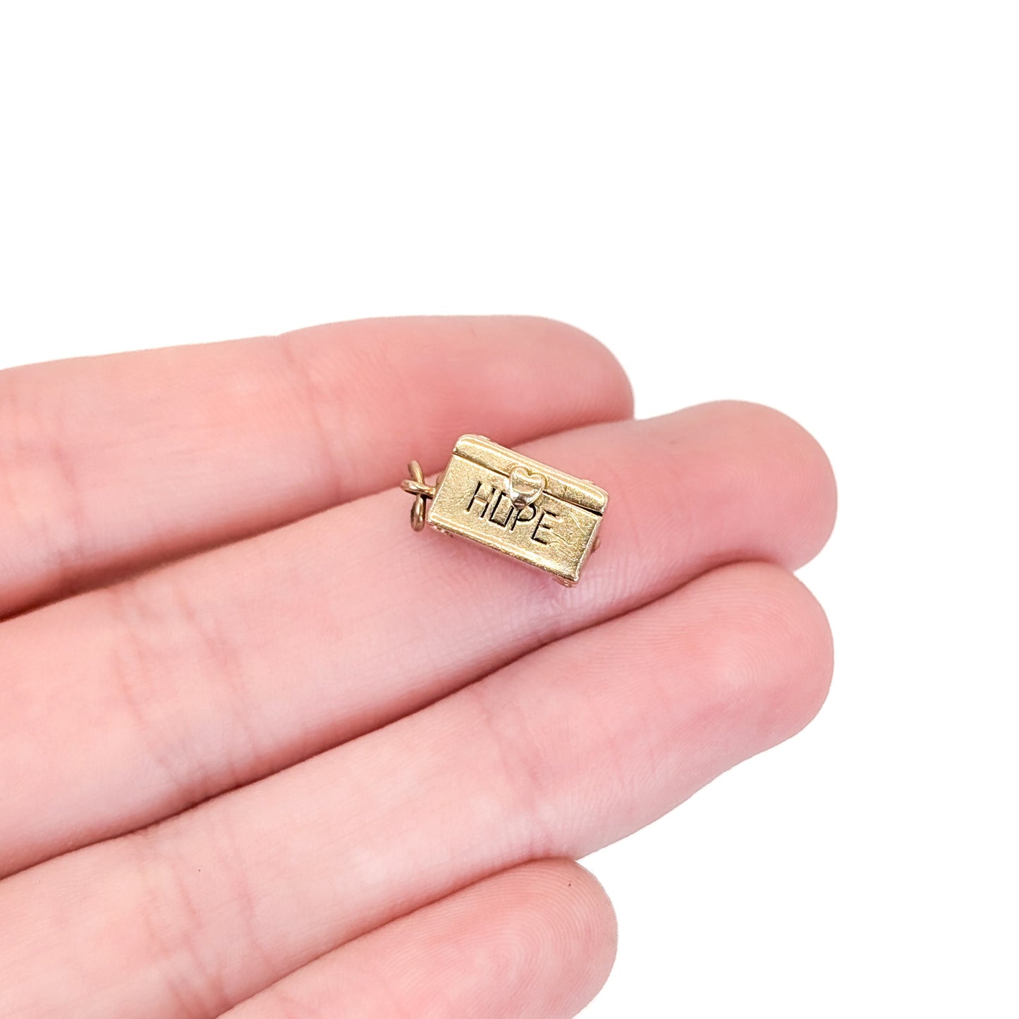 Vintage 14K Gold Mechanical “HOPE” Chest Charm with Enamel Figure Inside