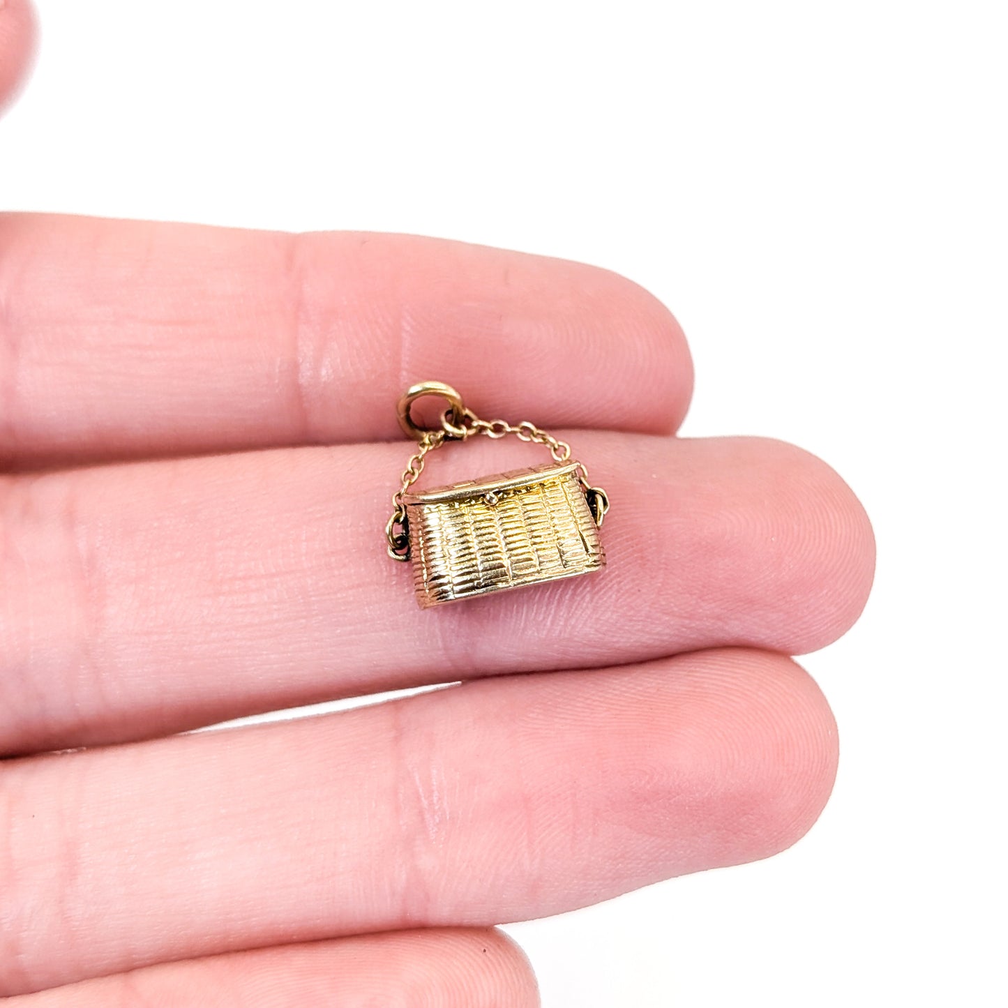 Vintage 14K Gold Mechanical Fishing Creel Charm (Opens With Bottle & Fish)