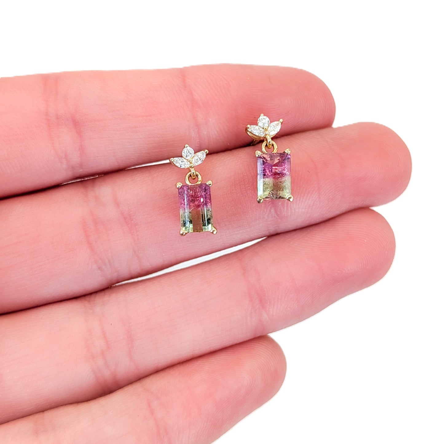 14K Diamond & Watermelon Tourmaline Earrings – Vintage Tourmaline With Newly Crafted Diamond Post