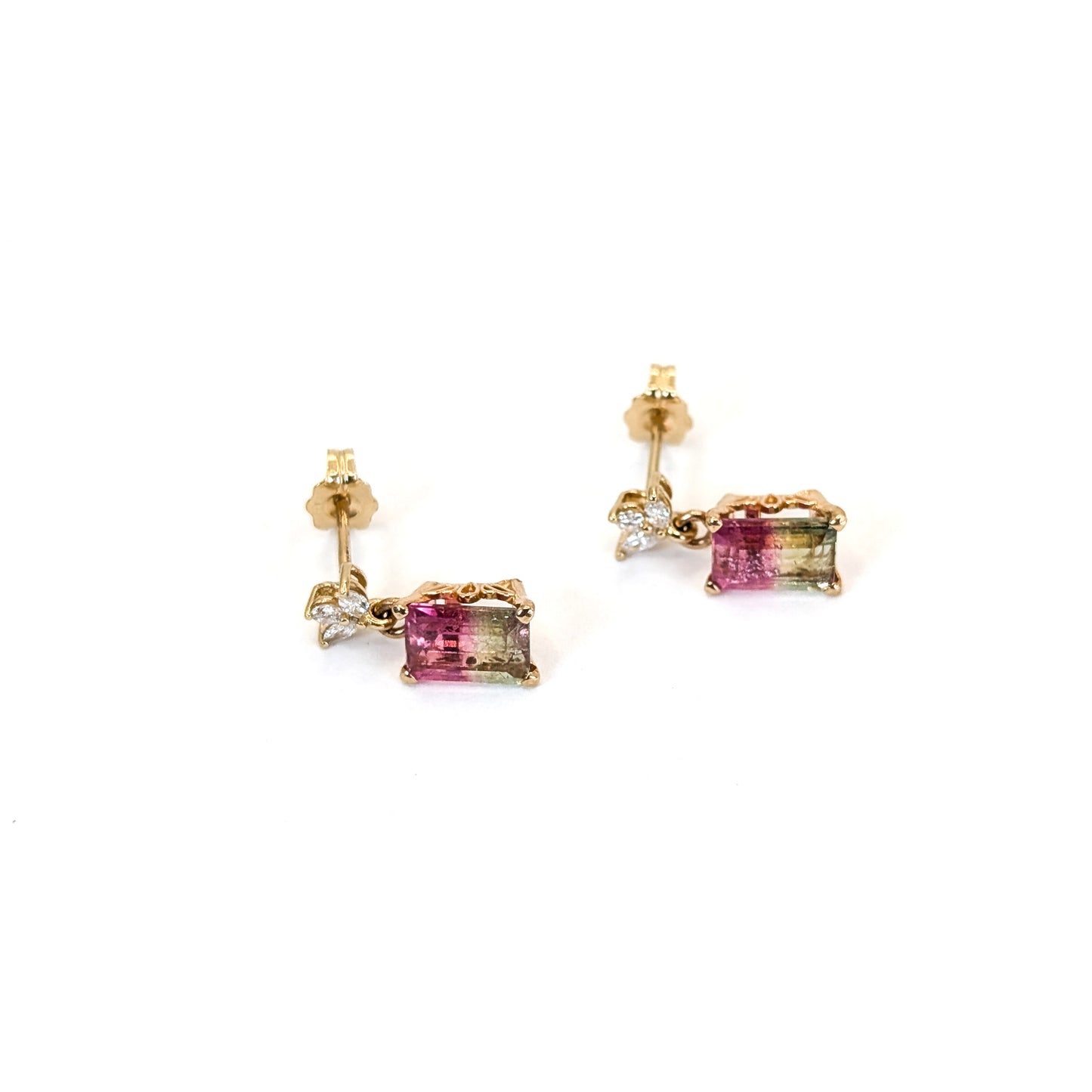 14K Diamond & Watermelon Tourmaline Earrings – Vintage Tourmaline With Newly Crafted Diamond Post
