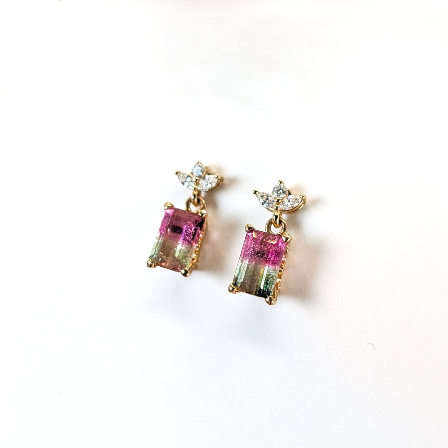 14K Diamond & Watermelon Tourmaline Earrings – Vintage Tourmaline With Newly Crafted Diamond Post