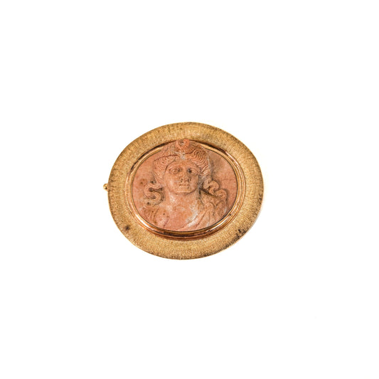 Antique Carved Stone Cameo Brooch In 14K Gold Frame