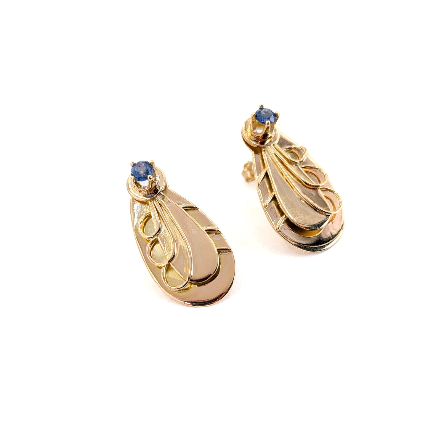 Vintage Late Art Deco / Early Retro 14K Gold Blue Sapphire Earrings – Circa 1930s