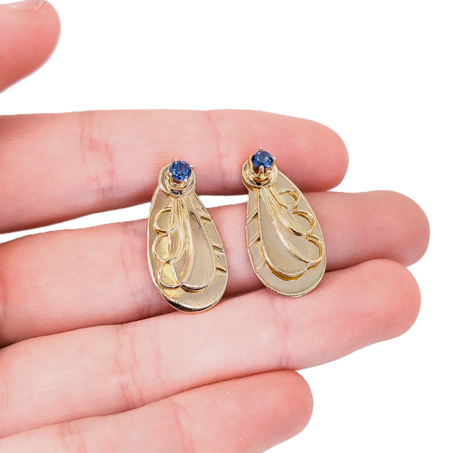 Vintage Late Art Deco / Early Retro 14K Gold Blue Sapphire Earrings – Circa 1930s