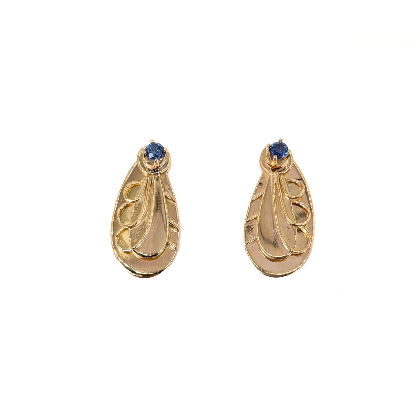 Vintage Late Art Deco / Early Retro 14K Gold Blue Sapphire Earrings – Circa 1930s