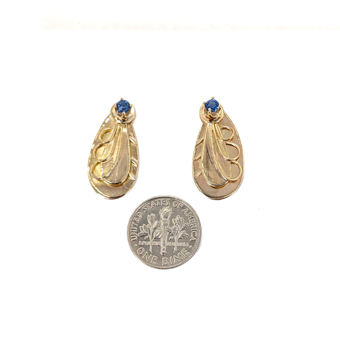 Vintage Late Art Deco / Early Retro 14K Gold Blue Sapphire Earrings – Circa 1930s