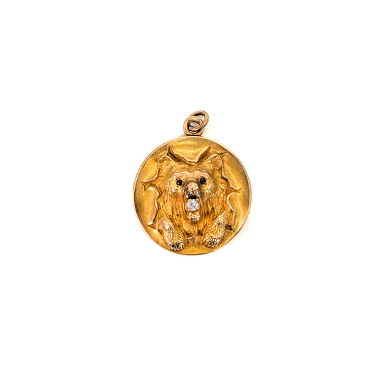 Antique 10K Gold Bear Locket with Glass Ruby Eyes & Diamond