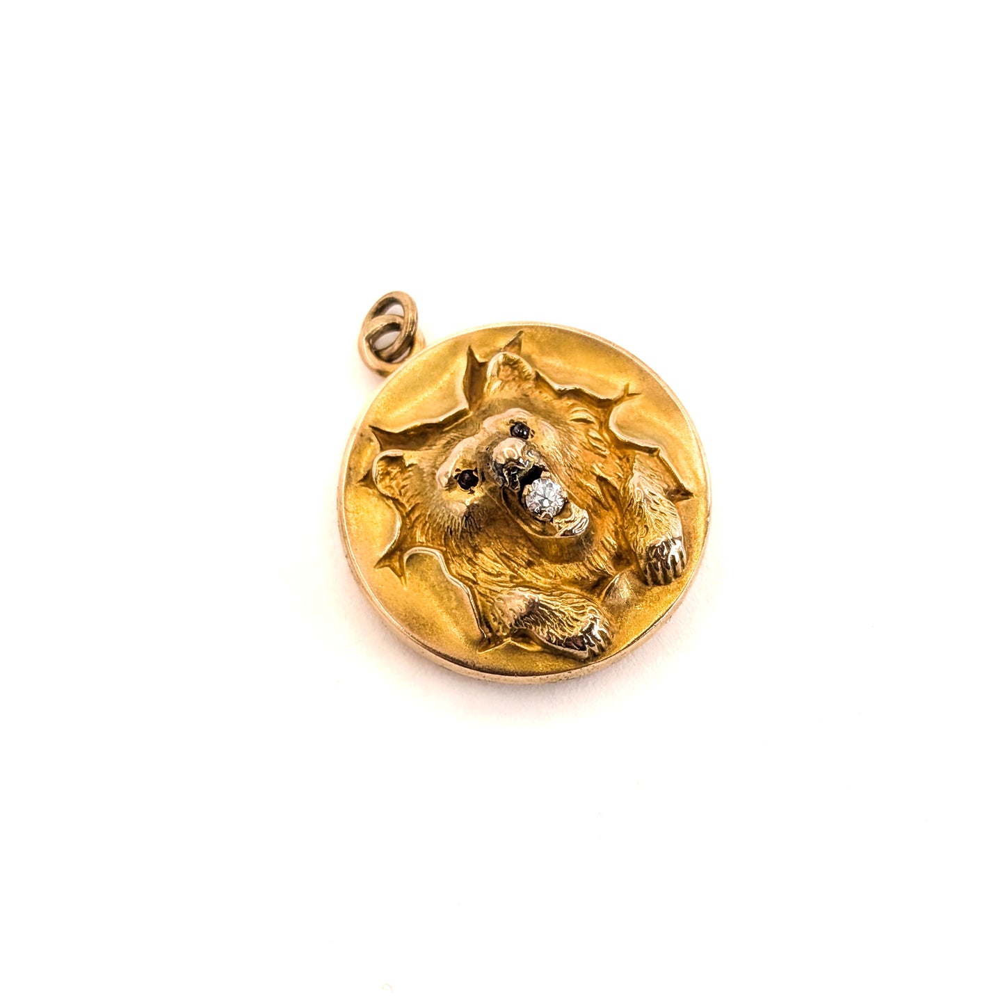 Antique 10K Gold Bear Locket with Glass Ruby Eyes & Diamond