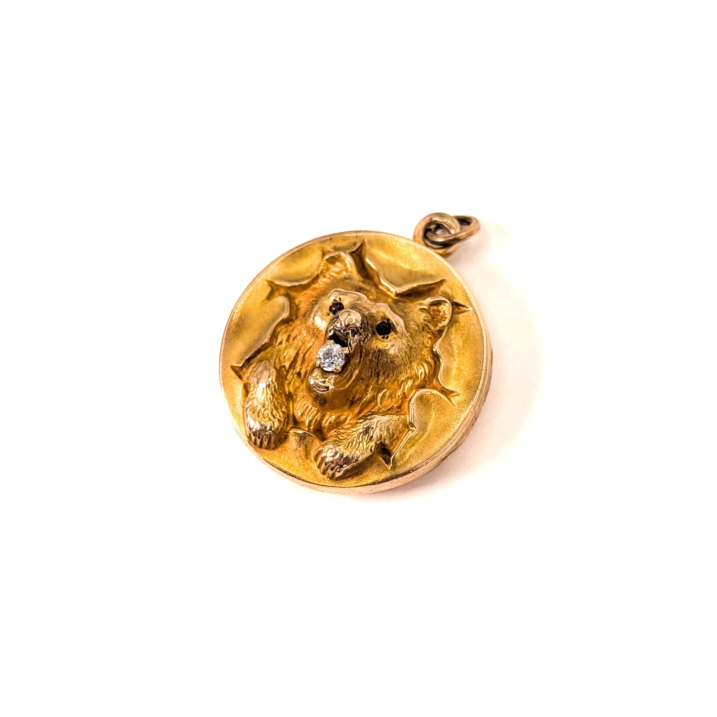 Antique 10K Gold Bear Locket with Glass Ruby Eyes & Diamond