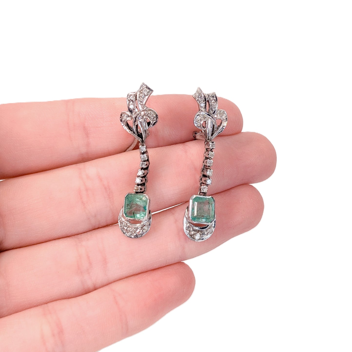 Vintage Palladium Diamond & Emerald Drop Earrings