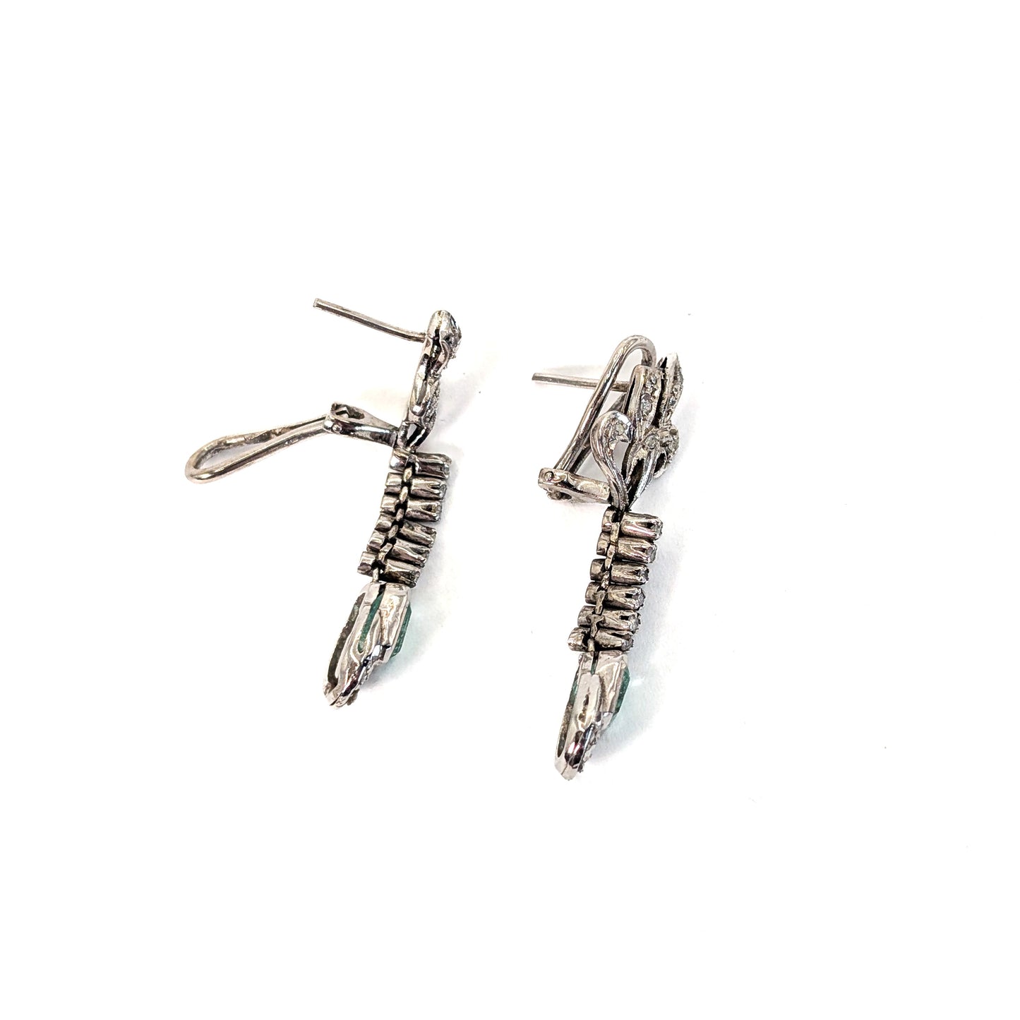 Vintage Palladium Diamond & Emerald Drop Earrings