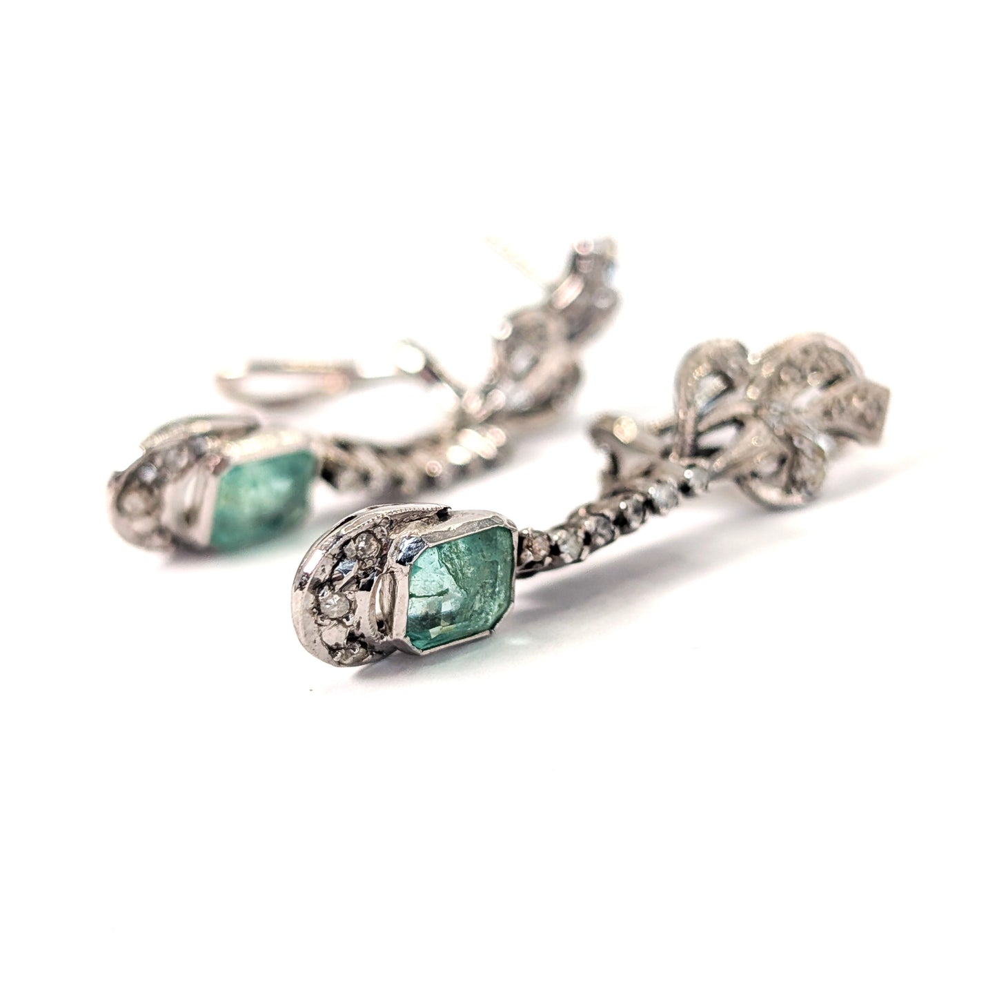 Vintage Palladium Diamond & Emerald Drop Earrings