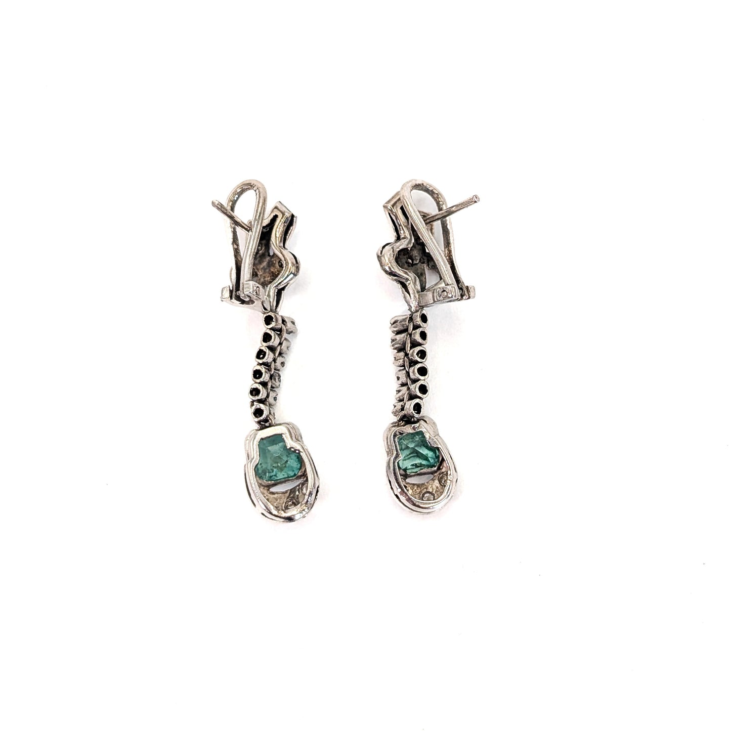 Vintage Palladium Diamond & Emerald Drop Earrings