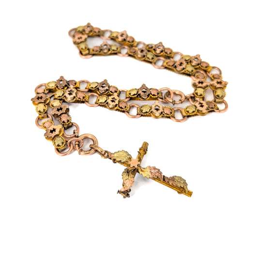 Antique Victorian Book Chain Necklace with Cross – 10K Gold & Gold-Filled – 20 Inches