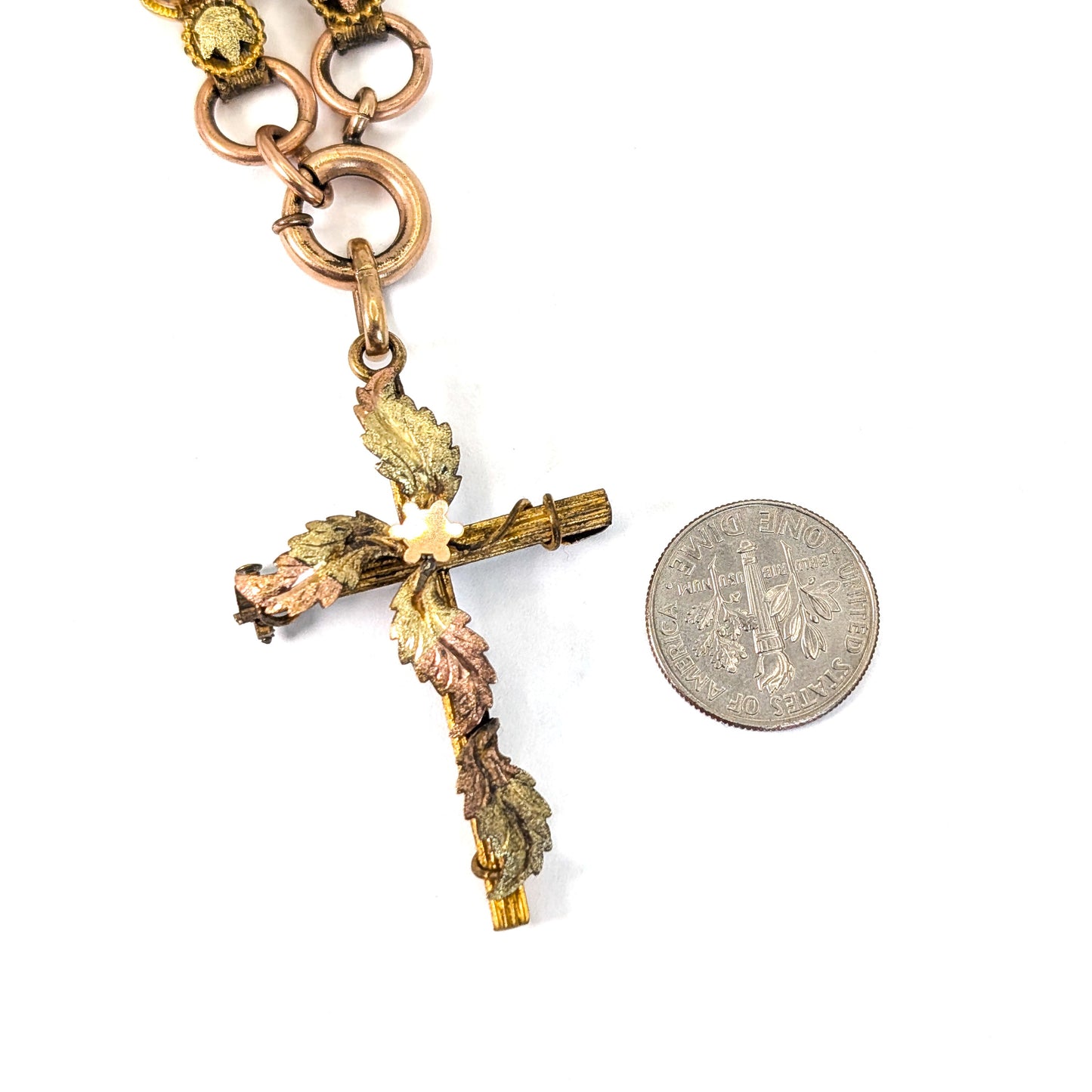 Antique Victorian Book Chain Necklace with Cross – 10K Gold & Gold-Filled – 20 Inches