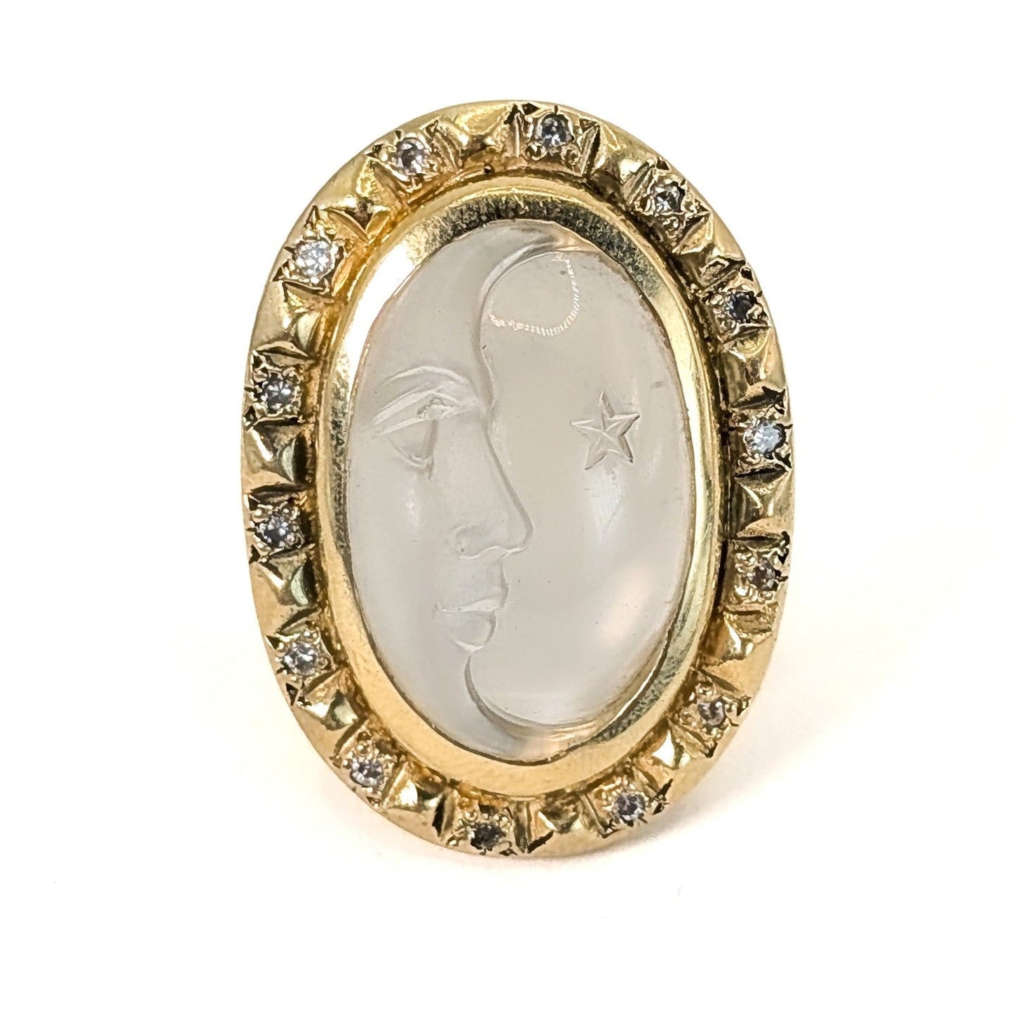Vintage 18K Gold Carved Moonstone & Diamond Ring – 27.83g