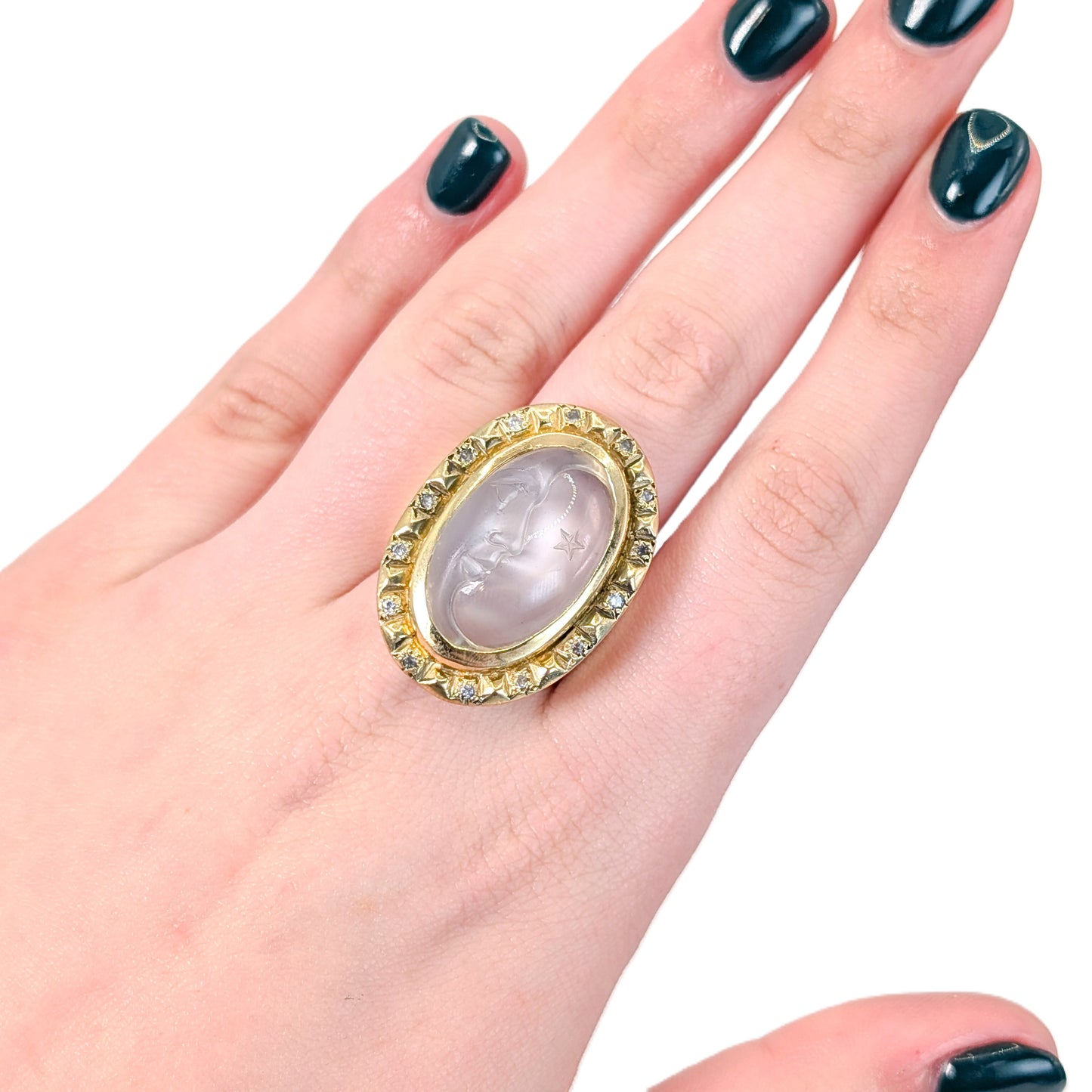 Vintage 18K Gold Carved Moonstone & Diamond Ring – 27.83g