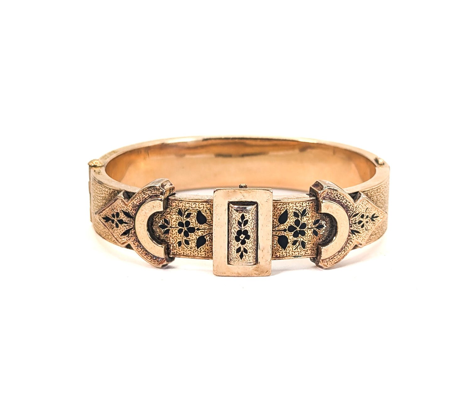 Victorian 14K Gold Engraved Buckle Bangle with Enamel Accents. Hinged Antique Bracelet